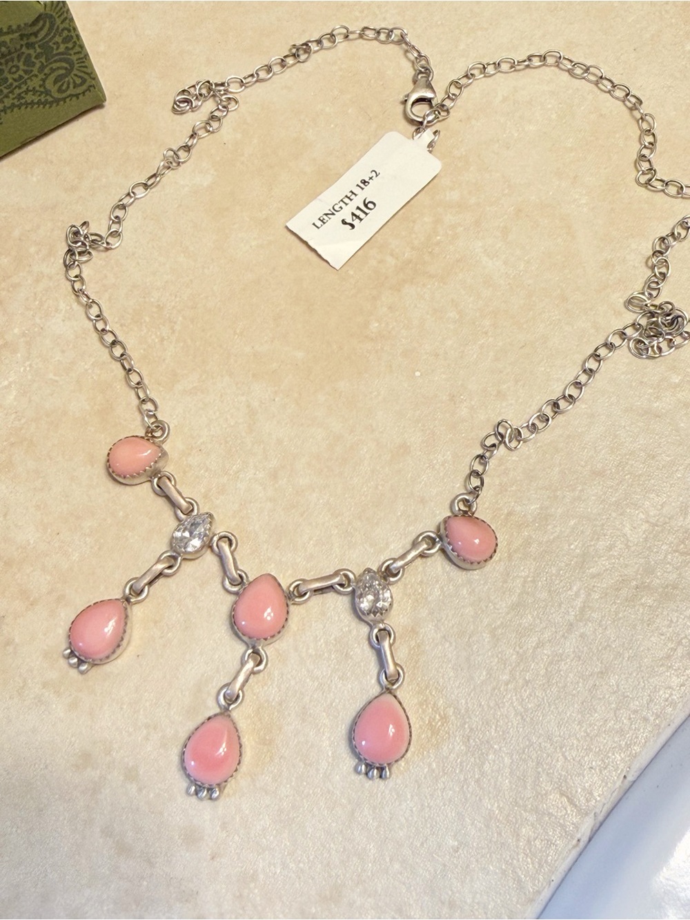 Pink Conch Sterling Silver Necklace with Crystal Teardrop Stones - Women Jewelry